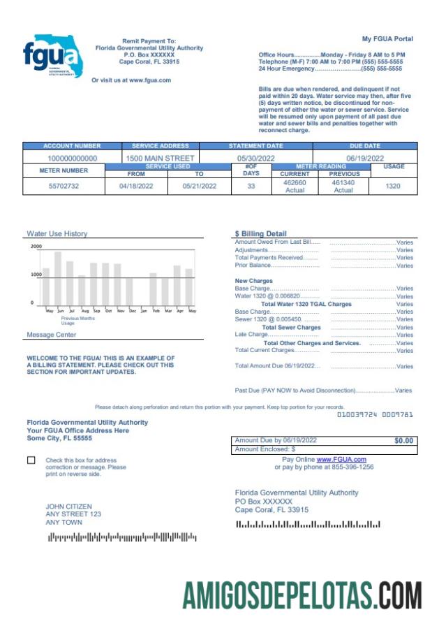 Para baixar modelo de conta de serviços públicos FGUA dos EUA Flórida em formato Word e PDF